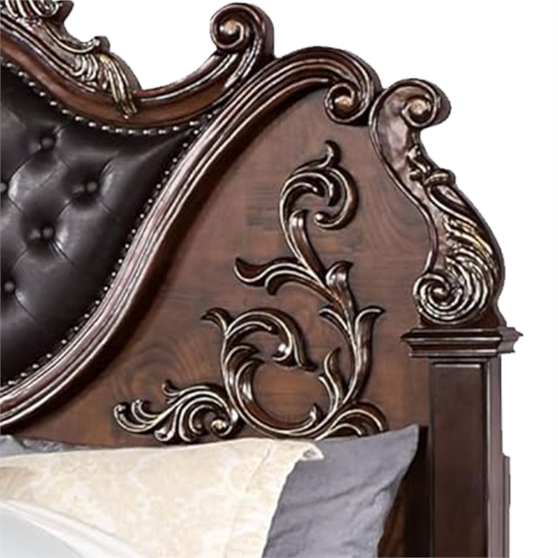 Prio King Bed w Carved Details-Brown Button Tufted Faux Leather-Brown