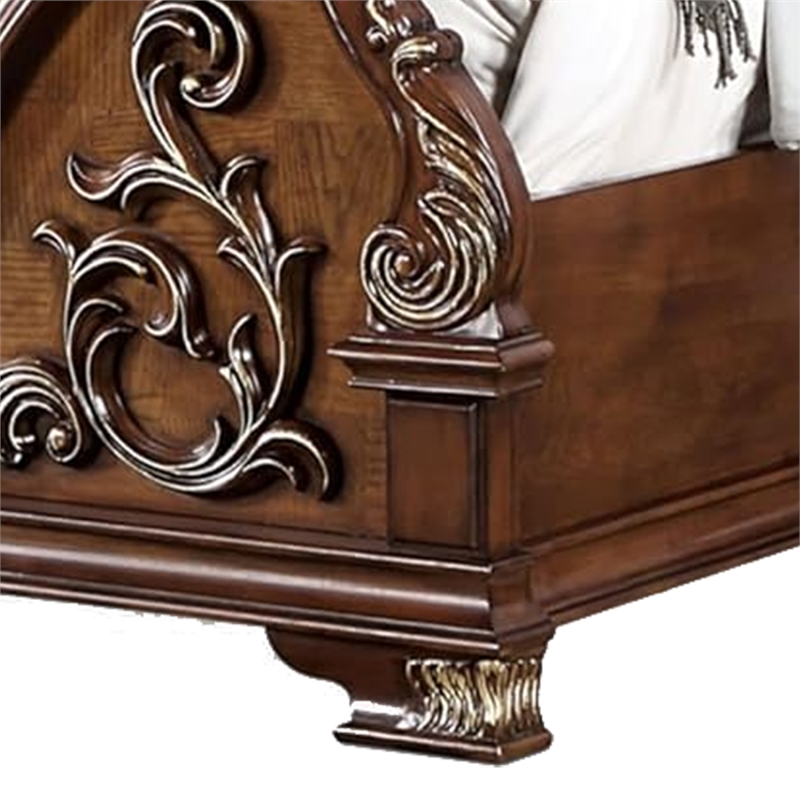 Prio King Bed w Carved Details-Brown Button Tufted Faux Leather-Brown