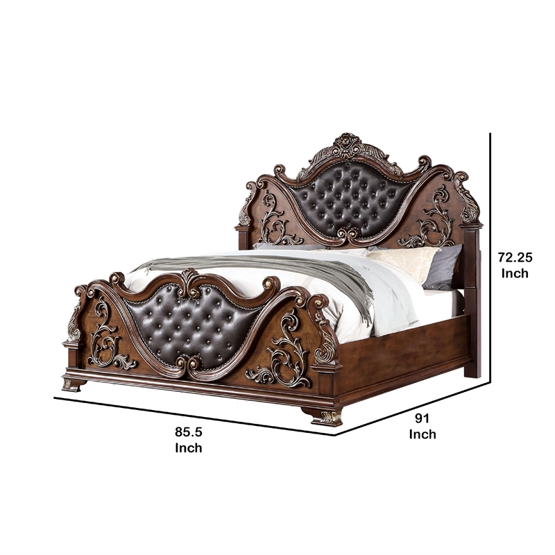 Prio King Bed w Carved Details-Brown Button Tufted Faux Leather-Brown