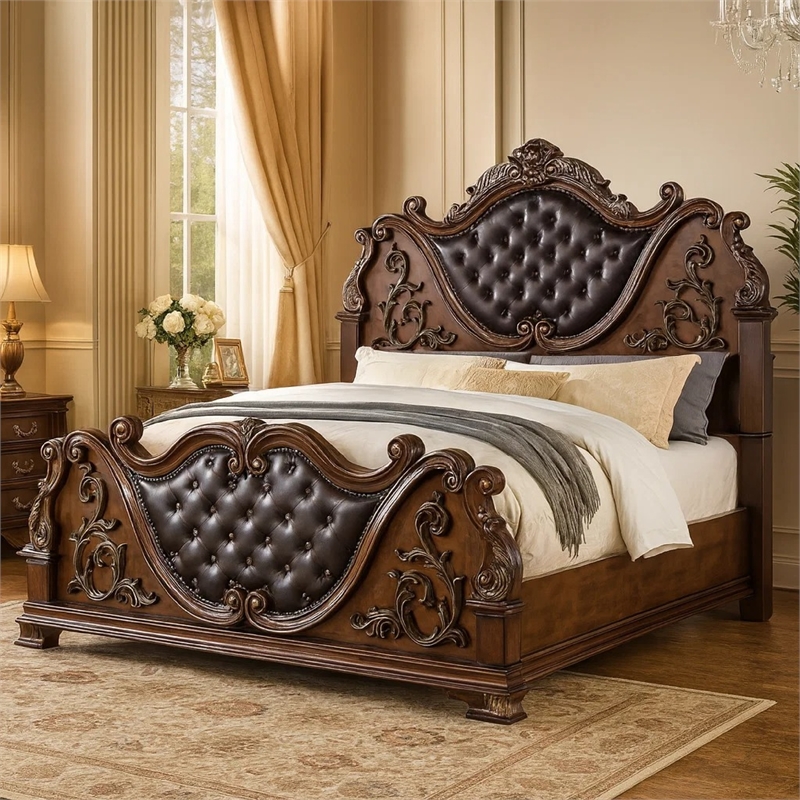 Prio King Bed w Carved Details-Brown Button Tufted Faux Leather-Brown