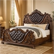 Prio King Bed w Carved Details-Brown Button Tufted Faux Leather-Brown
