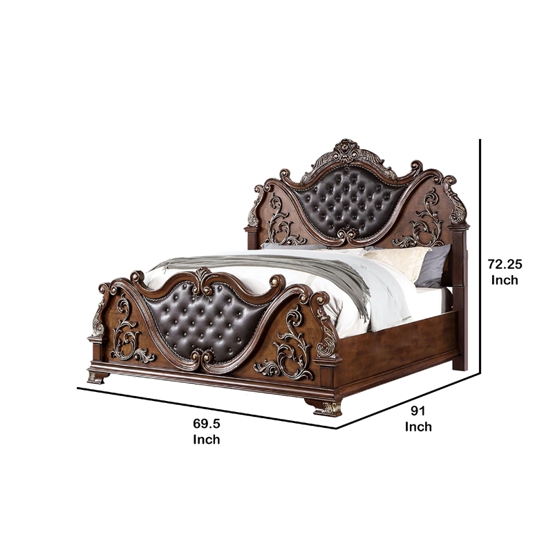 Prio Queen Bed with Carved Details-Brown Button Tufted Faux Leather
