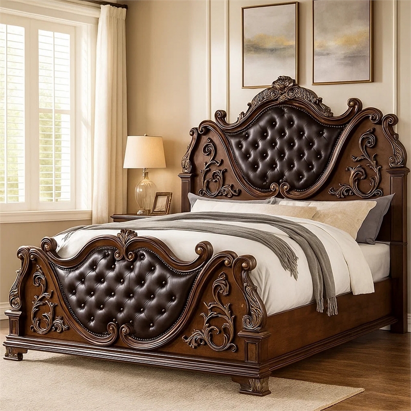 Prio Queen Bed with Carved Details-Brown Button Tufted Faux Leather