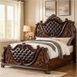 Prio Queen Bed with Carved Details-Brown Button Tufted Faux Leather