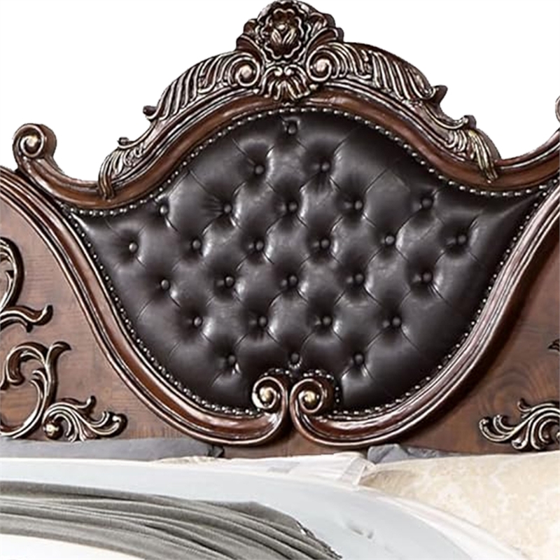 Prio Queen Bed with Carved Details-Brown Button Tufted Faux Leather