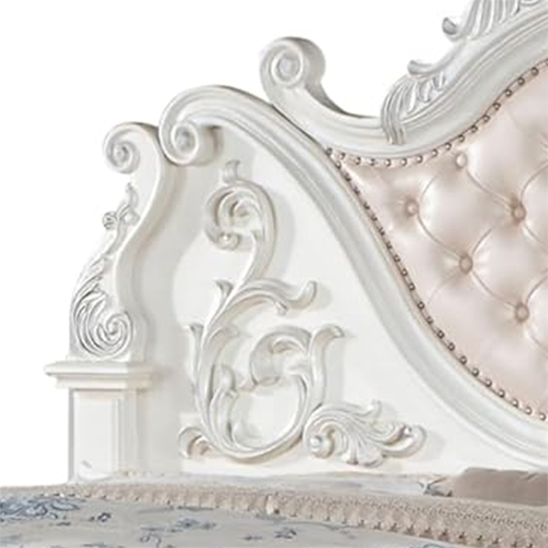 Prio King Bed with Carved Details-White Button Tufted Faux Leather