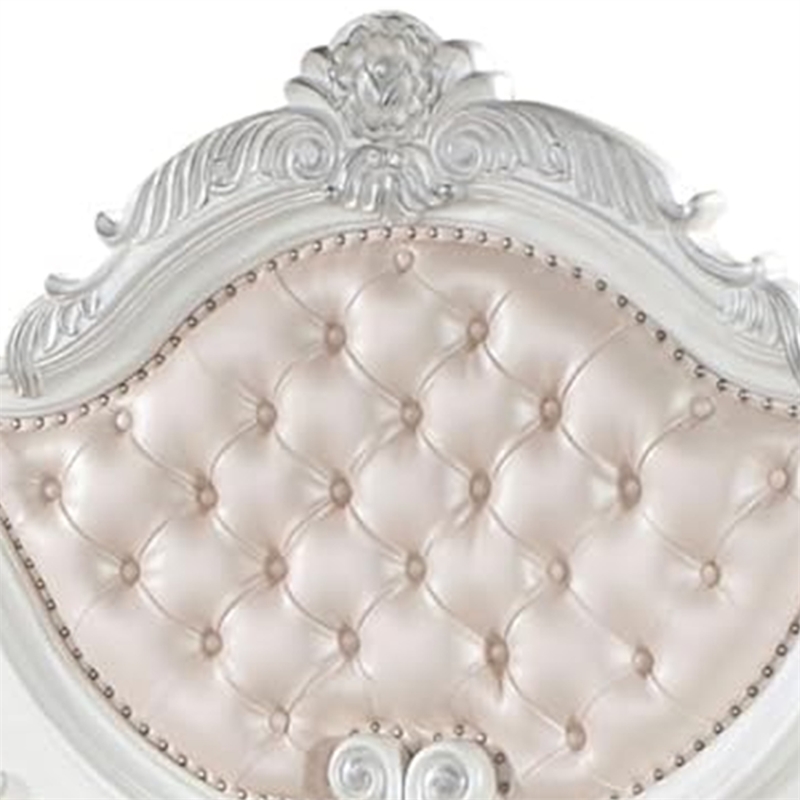Prio King Bed with Carved Details-White Button Tufted Faux Leather