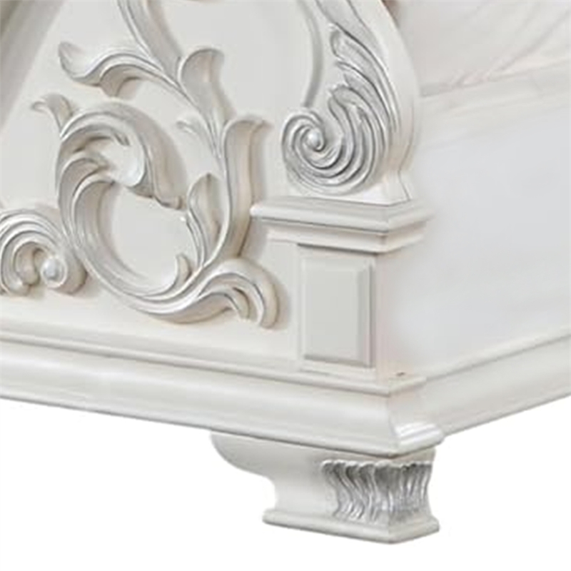 Prio King Bed with Carved Details-White Button Tufted Faux Leather