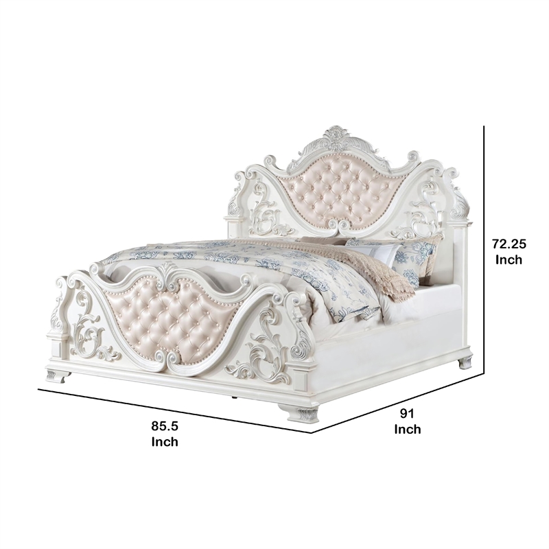 Prio King Bed with Carved Details-White Button Tufted Faux Leather