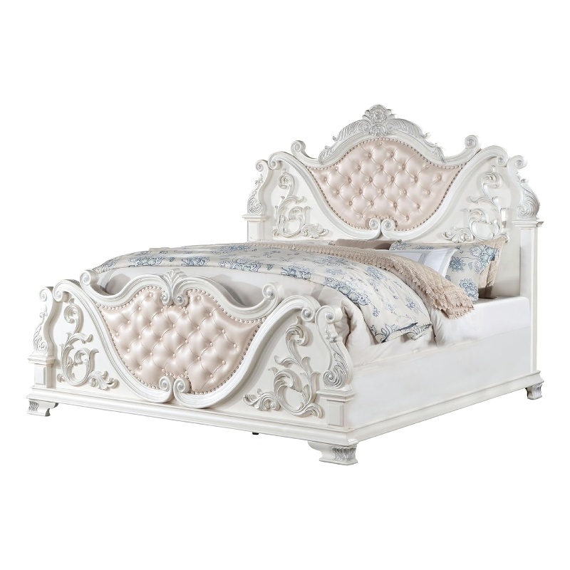 Prio King Bed with Carved Details-White Button Tufted Faux Leather
