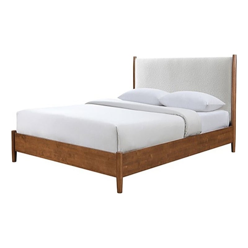 Carry King Size Bed w Beige Boucle Upholstered Headboard-Walnut Brown
