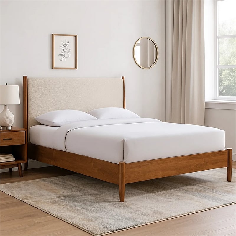 Carry Full Size Bed w Beige Boucle Upholstered Headboard-Walnut Brown