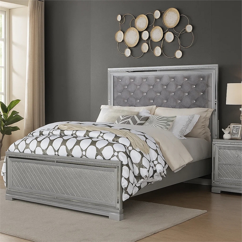 Fery Queen Size Bed-Gray Velvet Upholstery-Silver Mirror Accents