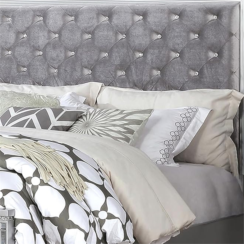 Fery Queen Size Bed-Gray Velvet Upholstery-Silver Mirror Accents