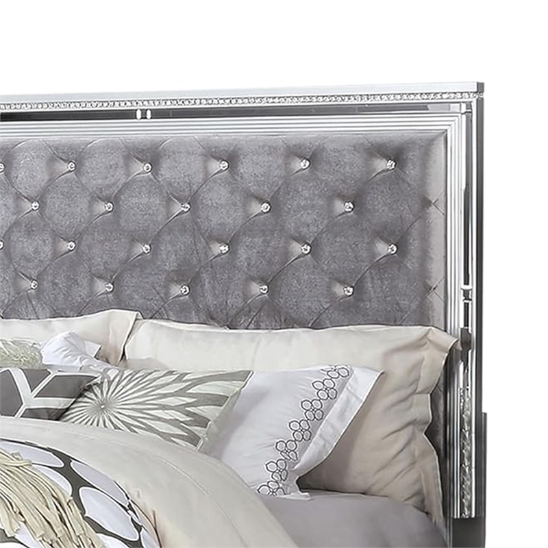 Fery Queen Size Bed-Gray Velvet Upholstery-Silver Mirror Accents
