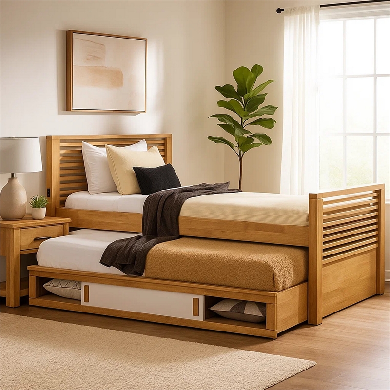Dilu Full Size Captain Bed with Storage Trundle-Light Oak Brown