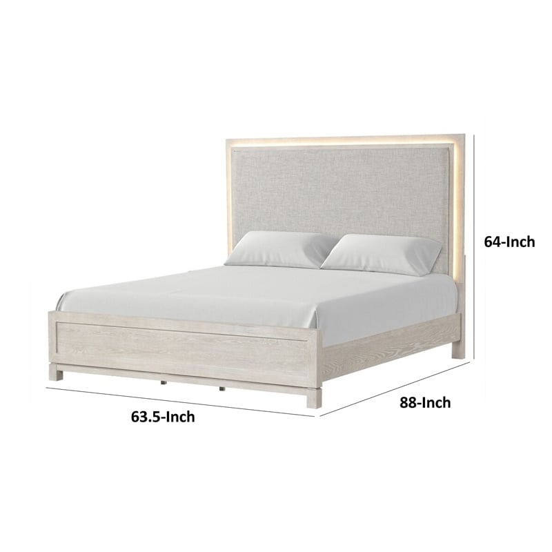 Loji Queen Size Bed w LED Headboard-Weathered Gray Solid Rubberwood