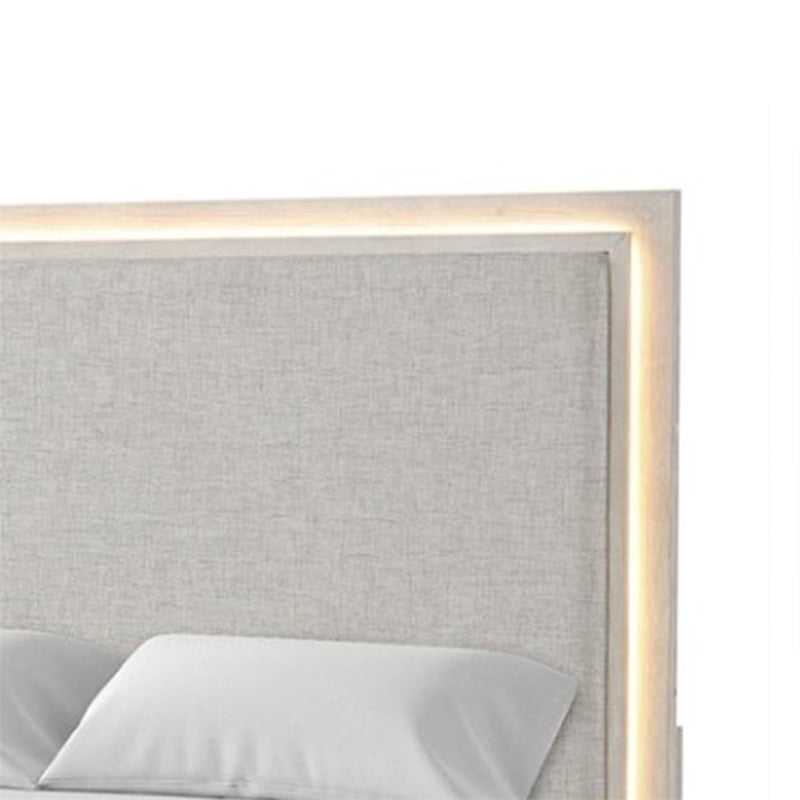 Loji Queen Size Bed w LED Headboard-Weathered Gray Solid Rubberwood