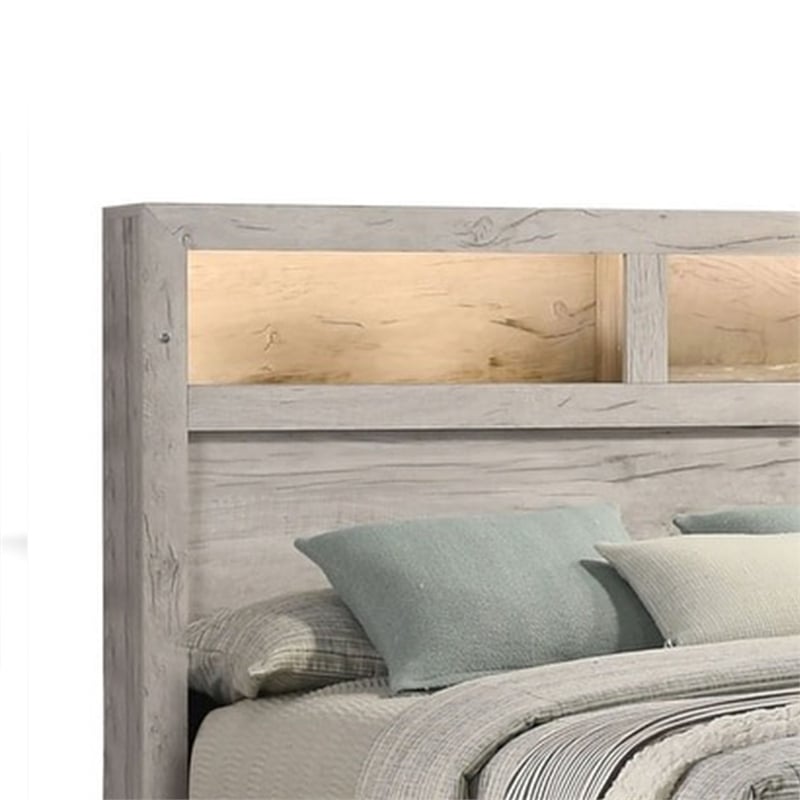 Miot King Size Bed w Headboard Shelves-Weathered White Wash Tone