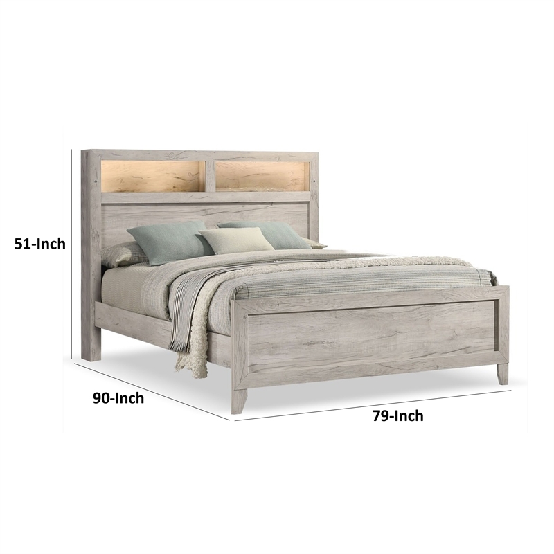 Miot King Size Bed w Headboard Shelves-Weathered White Wash Tone