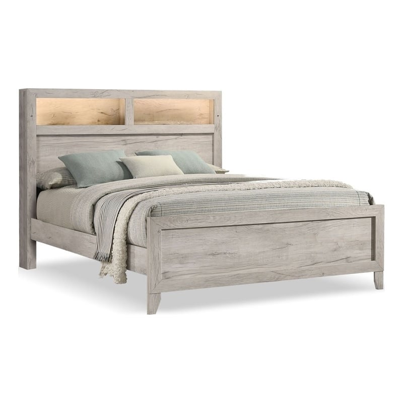 Miot King Size Bed w Headboard Shelves-Weathered White Wash Tone