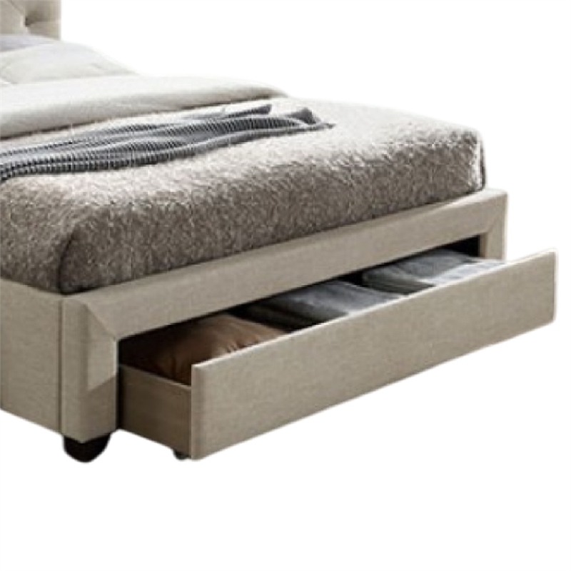 Sya King Size Bed w Button Tufted Upholstery-Underbed Storage-Beige