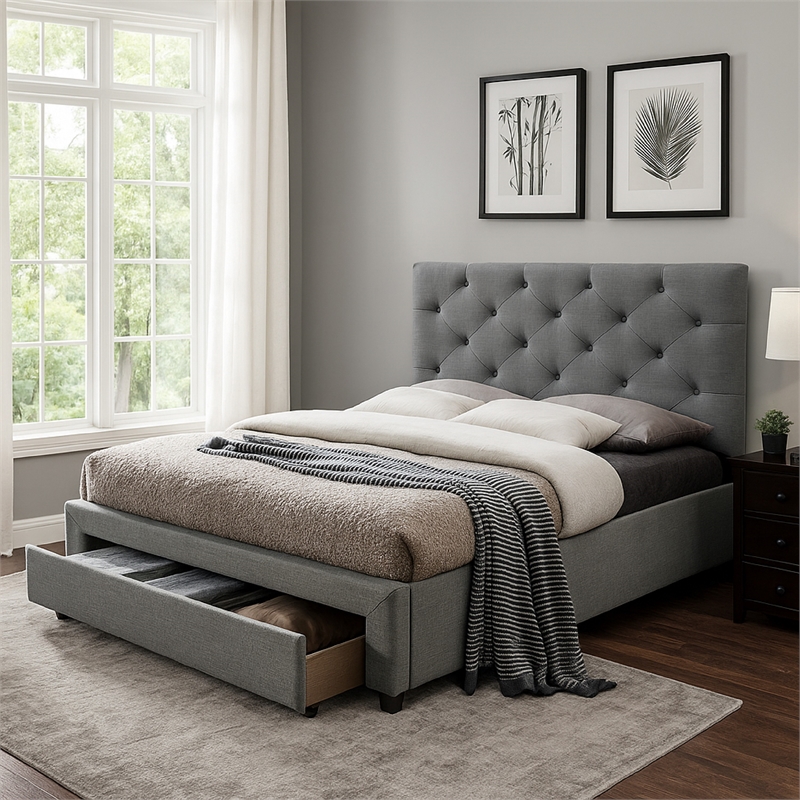 Sya California King Size Bed-Tufted Headboard-Hidden Storage-Gray