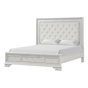 Miamy King Bed-Creamy White Pine Wood-Tufted Upholstery-Silver Accents