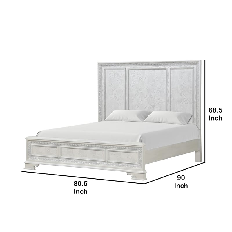 Miamy King Bed-Creamy White Wood-Panel Design-Silver Brushed Accents