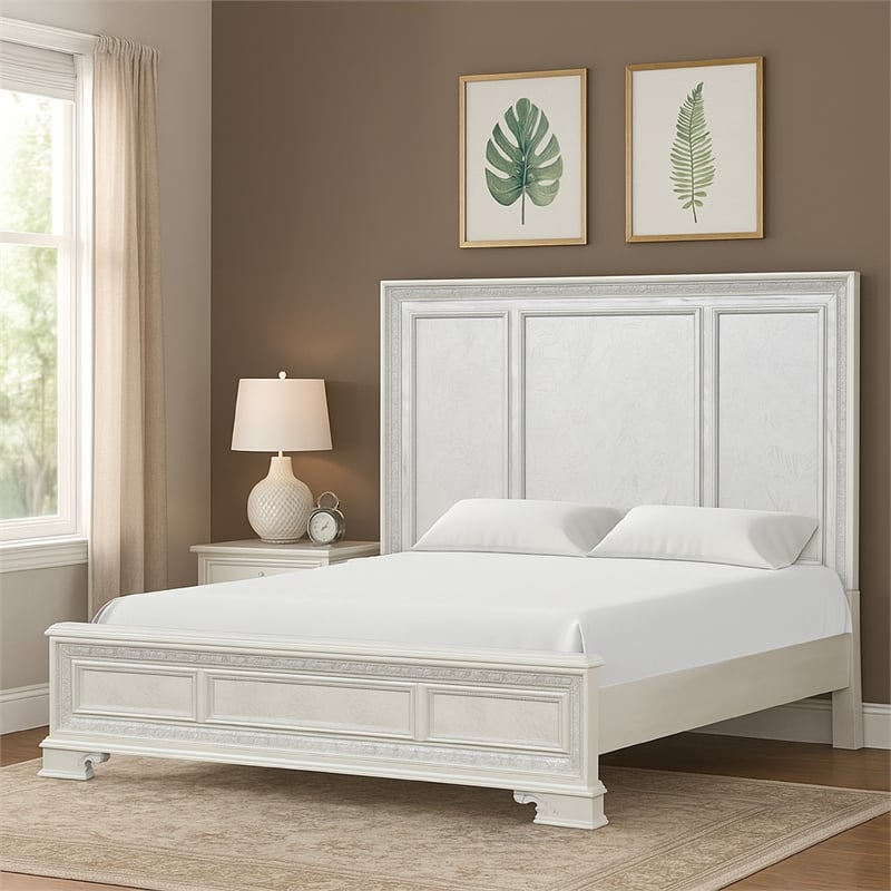 Miamy King Bed-Creamy White Wood-Panel Design-Silver Brushed Accents