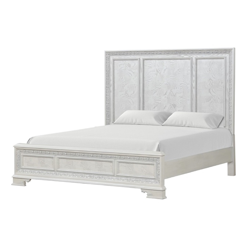 Miamy King Bed-Creamy White Wood-Panel Design-Silver Brushed Accents