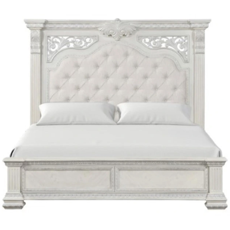 Miamy Queen Bed-Creamy White Wood-Panel Design-Silver Brushed Accents