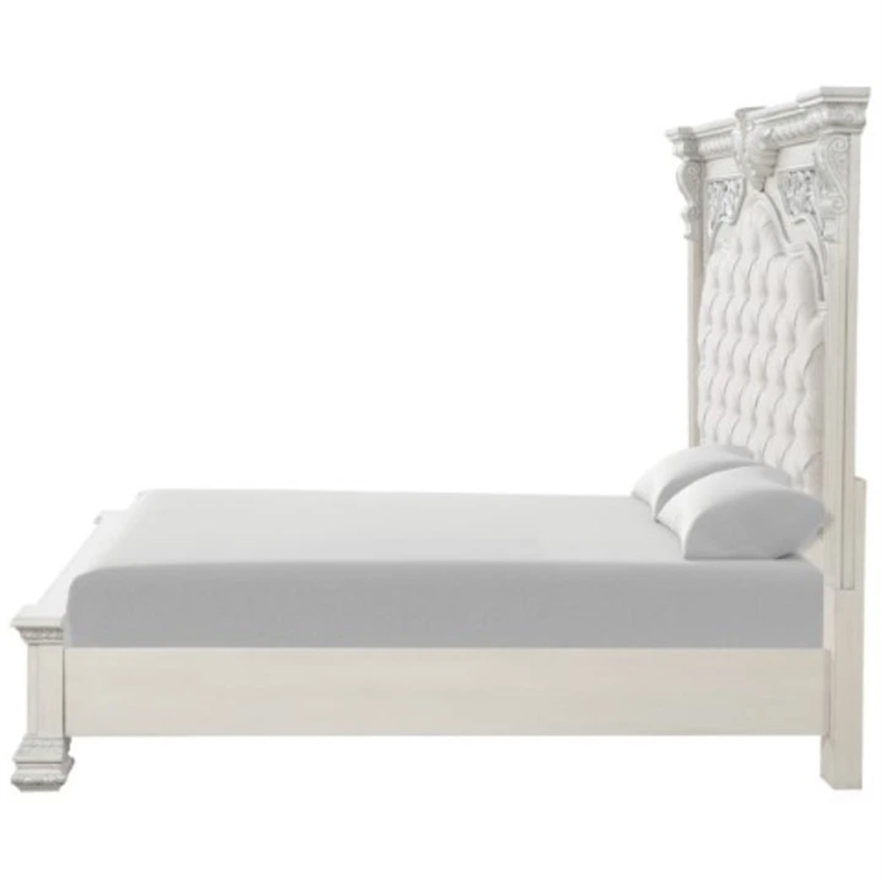 Miamy Queen Bed-Creamy White Wood-Panel Design-Silver Brushed Accents
