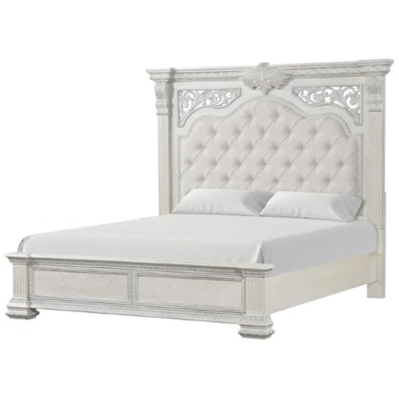 Miamy Queen Bed-Creamy White Wood-Panel Design-Silver Brushed Accents