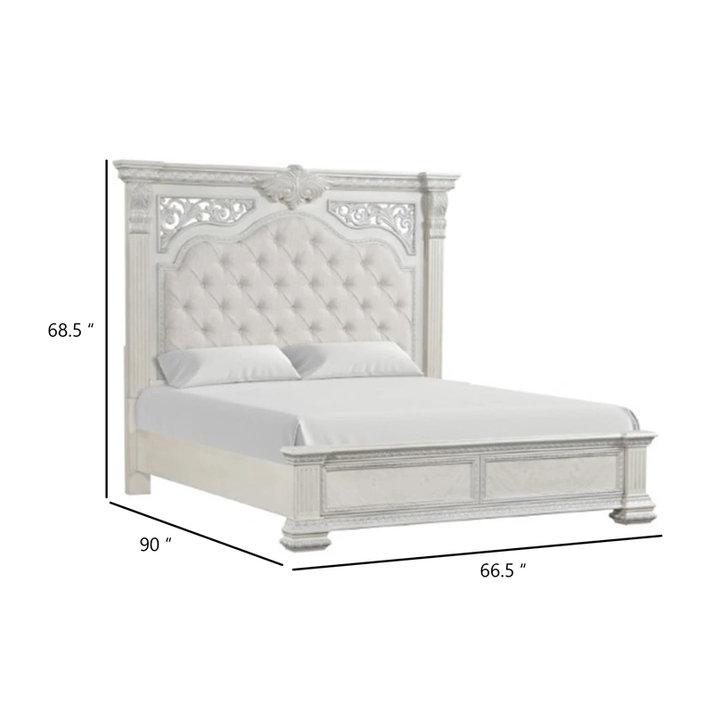 Miamy Queen Bed-Creamy White Wood-Panel Design-Silver Brushed Accents