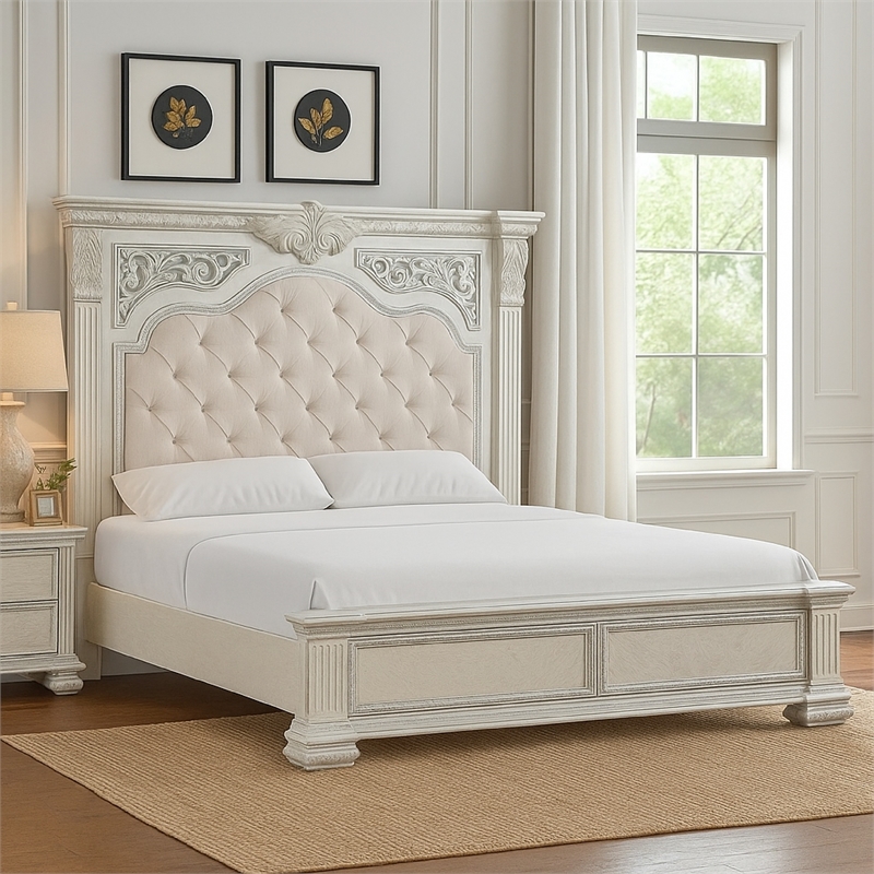 Miamy Queen Bed-Creamy White Wood-Panel Design-Silver Brushed Accents