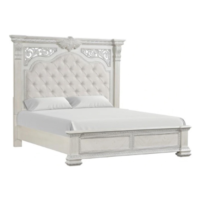 Miamy Queen Bed-Creamy White Wood-Panel Design-Silver Brushed Accents