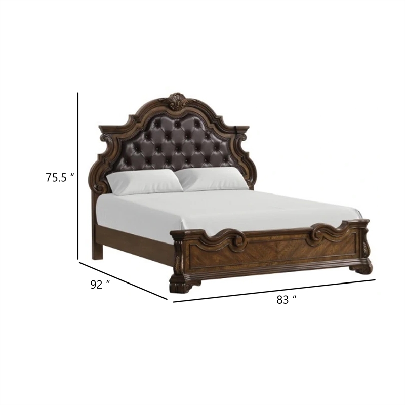 Leova King Bed-Bombay Headboard-Faux Leather Upholstery-Dark Brown