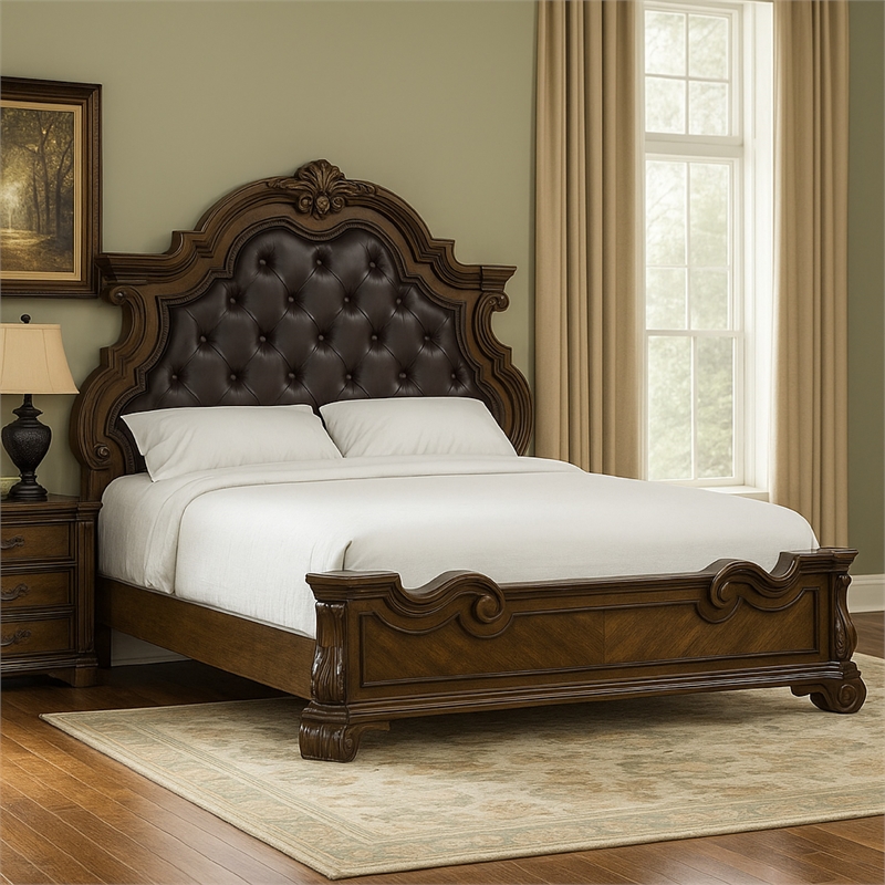 Leova King Bed-Bombay Headboard-Faux Leather Upholstery-Dark Brown