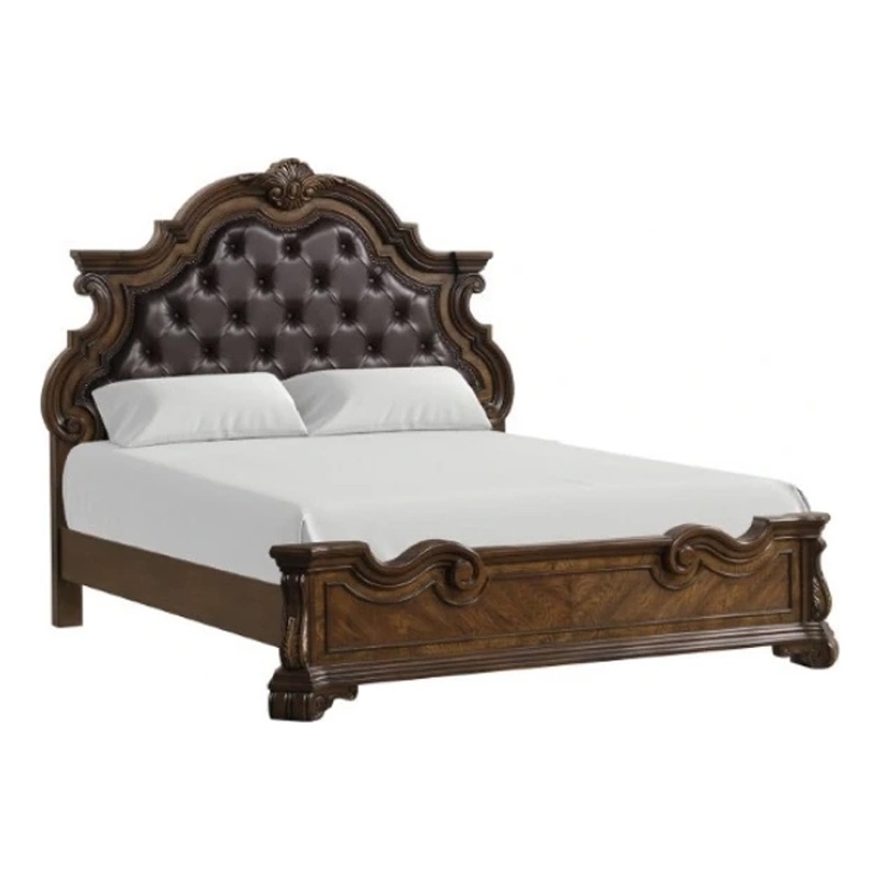 Leova King Bed-Bombay Headboard-Faux Leather Upholstery-Dark Brown