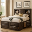 Simo Queen Bed-Bookcase Headboard-Storage Drawers-Gray