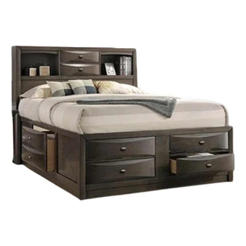 Simo Queen Bed-Bookcase Headboard-Storage Drawers-Gray