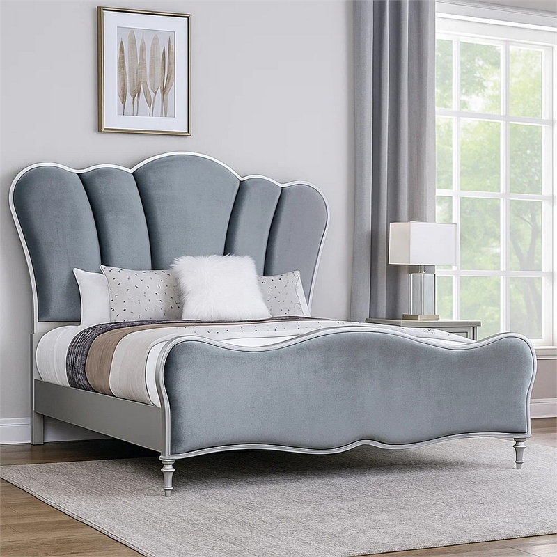 Eleena King Bed-Scalloped Padded Channel Tufting-Silver Upholstery