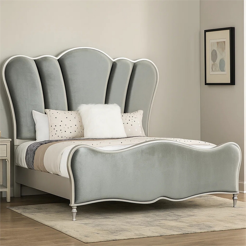 Eleena King Bed-Scalloped Padded Channel Tufting-Silver Upholstery