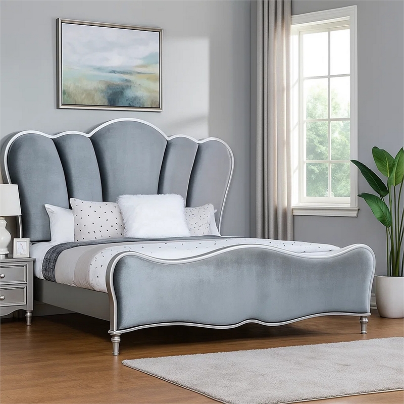 Eleena Queen Bed-Scalloped Padded Channel Tufting-Silver Upholstery