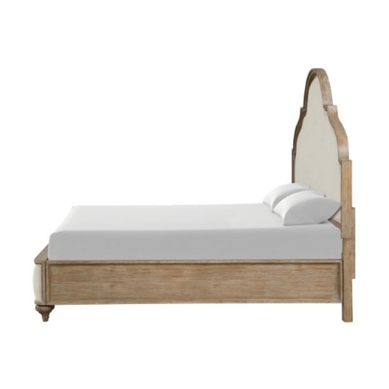 Lyla King Bed-Scalloped Ivory Upholstery-Rustic Oak Solid Wood