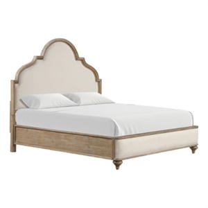 Lyla King Bed-Scalloped Ivory Upholstery-Rustic Oak Solid Wood