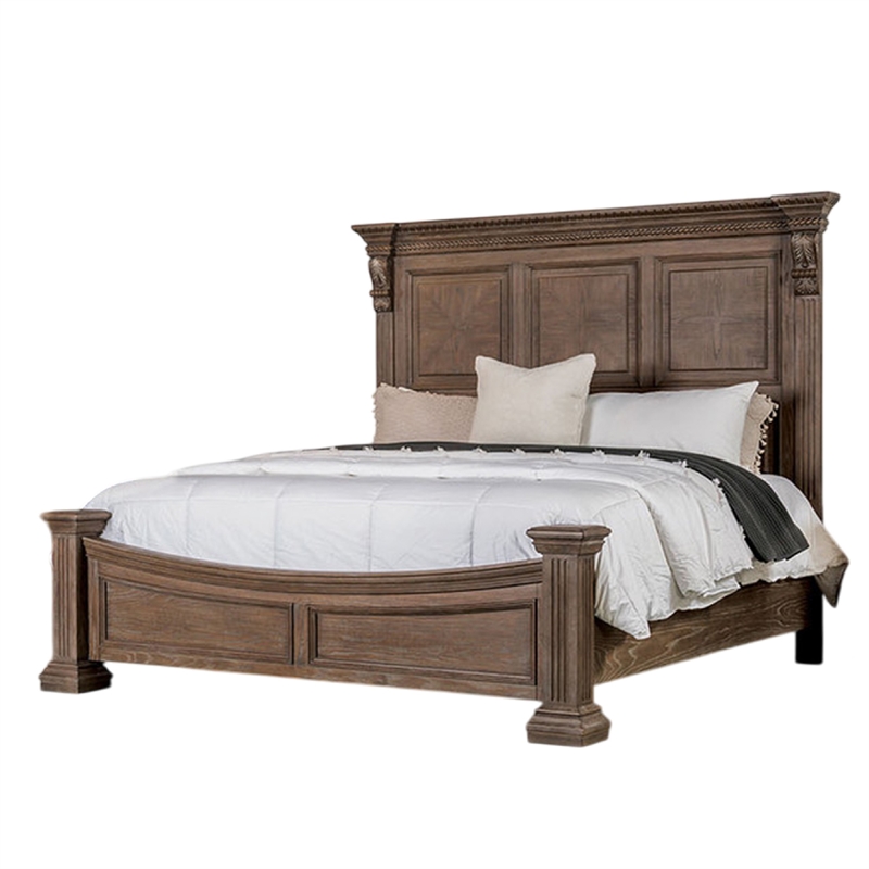 Reven Queen Bed-Weathered Oak Solid Wood-Intricate Carved Details
