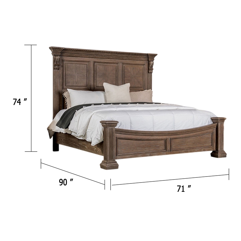Reven Queen Bed-Weathered Oak Solid Wood-Intricate Carved Details