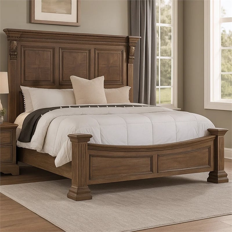 Reven Queen Bed-Weathered Oak Solid Wood-Intricate Carved Details